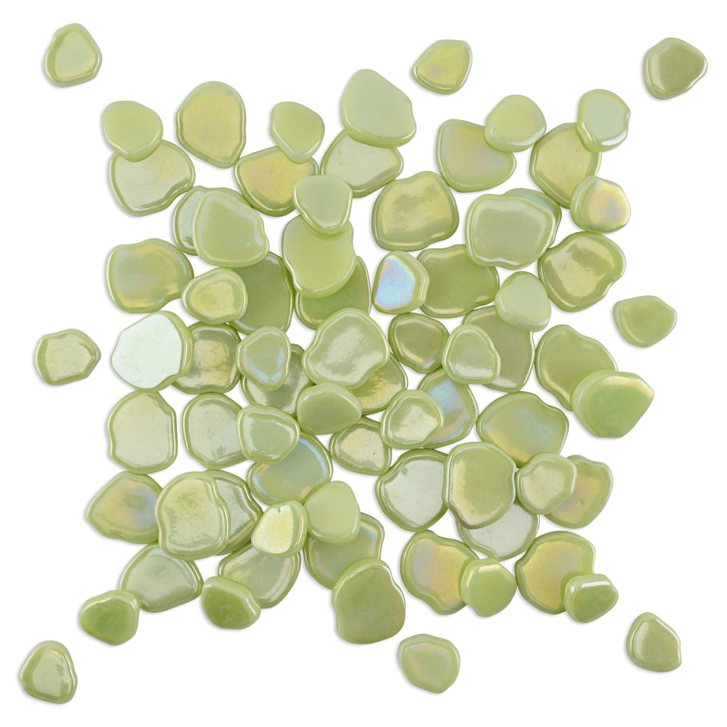 Lime Green Blossom Shaped Iridised Mixed Size Glass Pieces 1Kg **School Bulk Buy**
