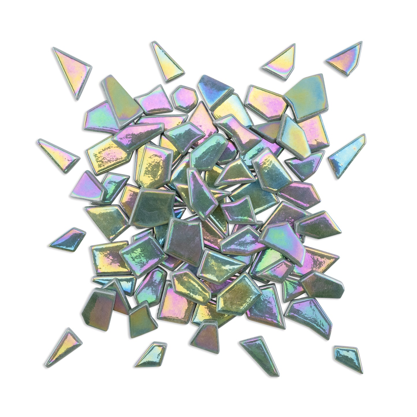 Dark Green Irregular Shaped Iridised Glass Tiles 250g