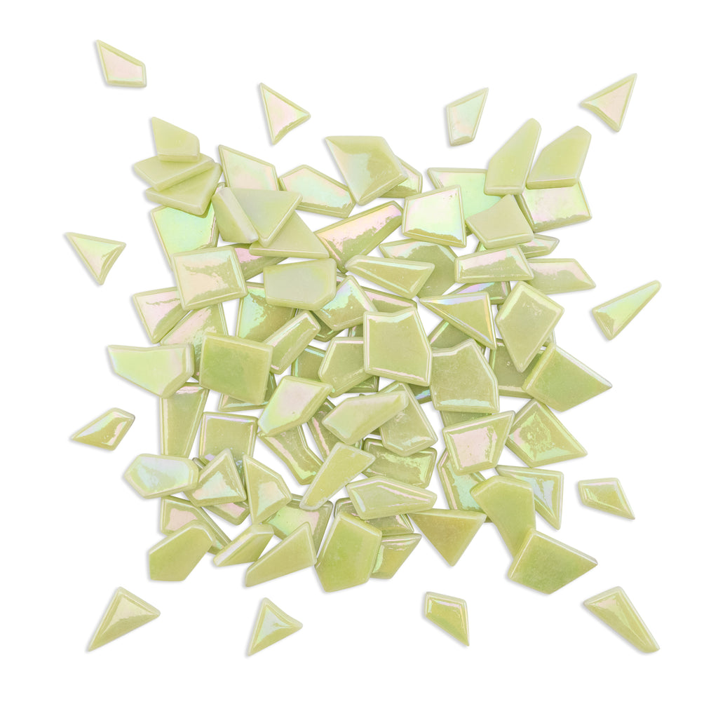 Lime Green Irregular Shaped Iridised Glass Tiles 250g
