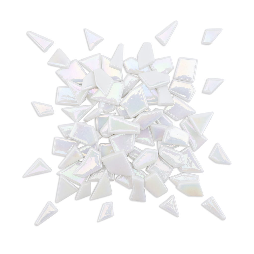 White Irregular Shaped Iridised Glass Tiles 250g