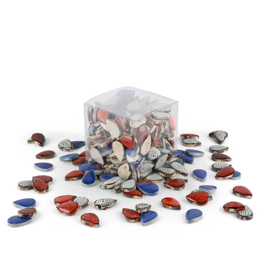 Red White and Blue Glazed Ceramic Teardrop Tiles 1Kg **School Bulk Buy**