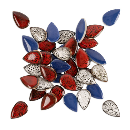 Red White and Blue Glazed Ceramic Teardrop Tiles 1Kg **School Bulk Buy**