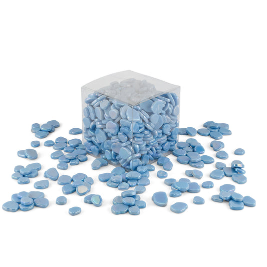 Light Blue Blossom Shaped Iridised Mixed Size Glass Pieces 1Kg **School Bulk Buy**