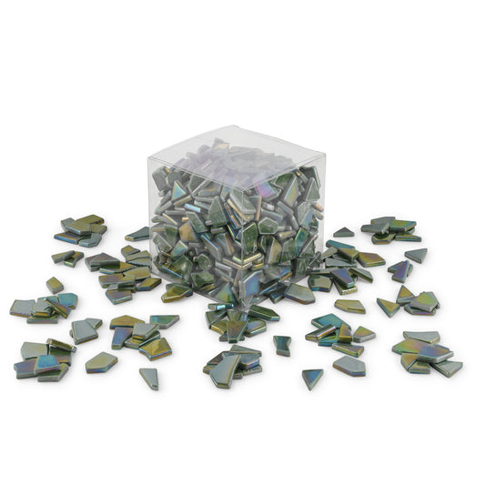 Dark Green Irregular Shaped Iridised Glass Tiles 1Kg **School Bulk Buy**