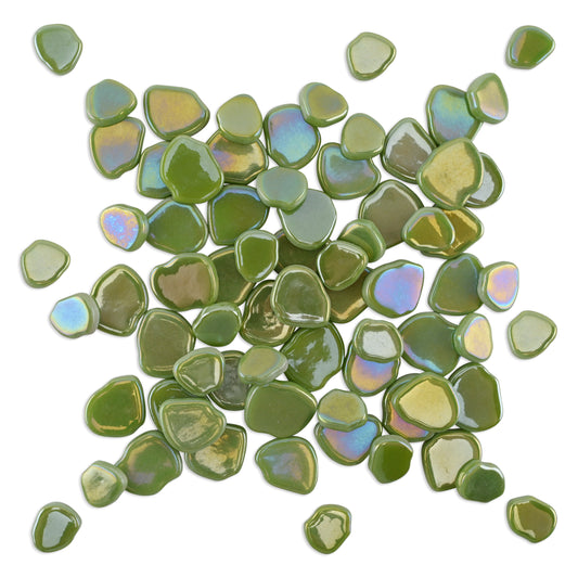 Green Blossom Shaped Iridised Mixed Size Glass Pieces 250g