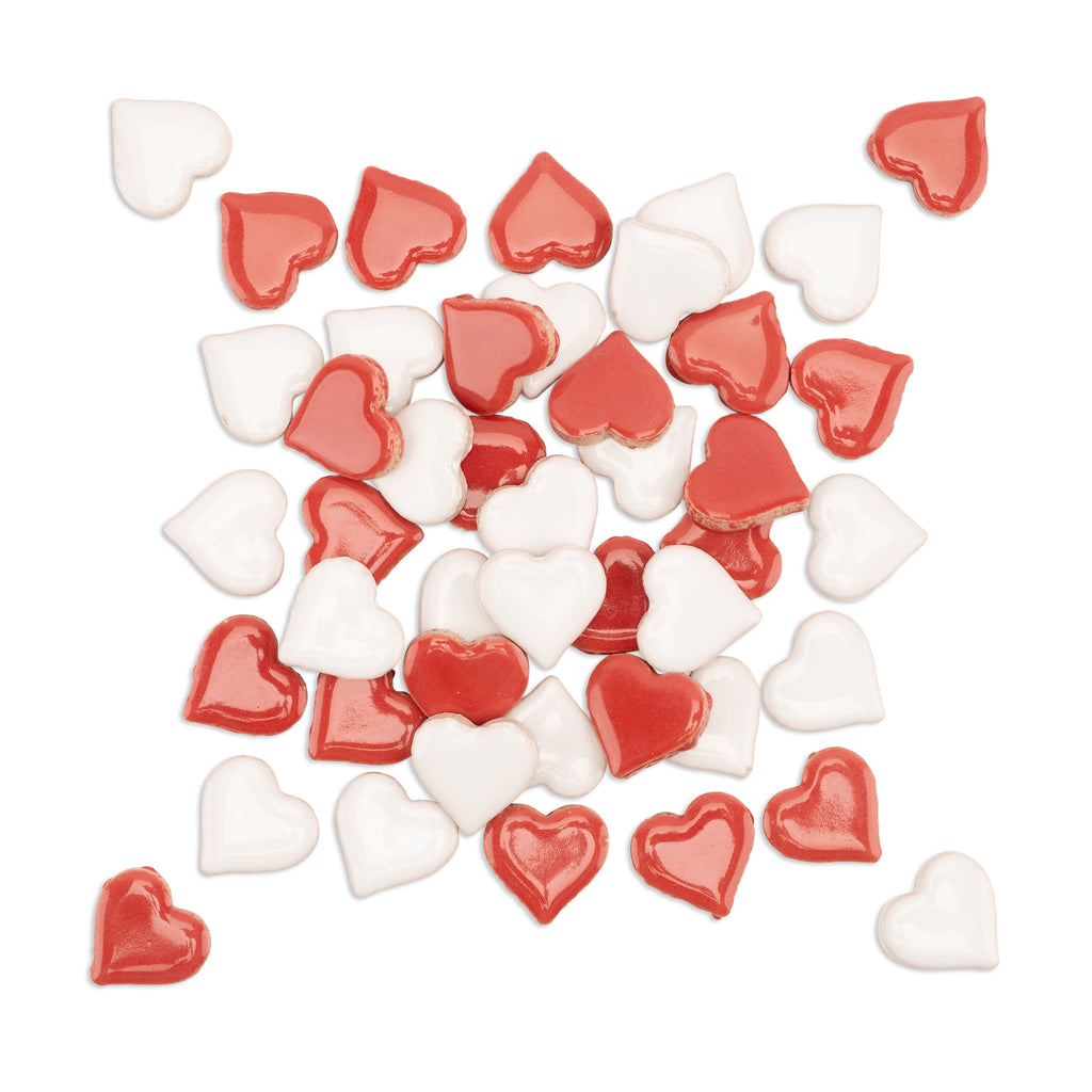 Red & White Heart Shaped Glazed Ceramic Tile Mix 250g