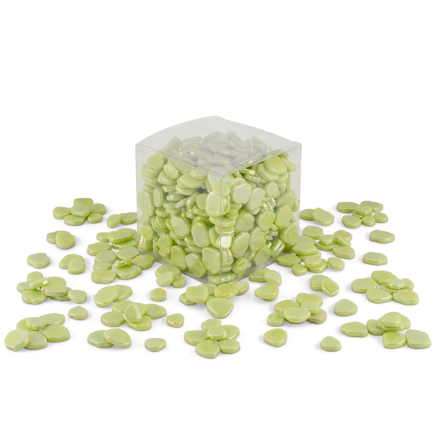 Lime Green Blossom Shaped Iridised Mixed Size Glass Pieces 1Kg **School Bulk Buy**