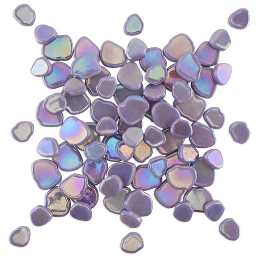 Purple Blossom Shaped Iridised Mixed Size Glass Pieces 250g