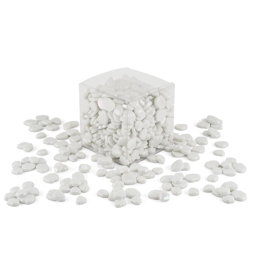White Blossom Shaped Iridised Mixed Size Glass Pieces 1Kg **School Bulk Buy**
