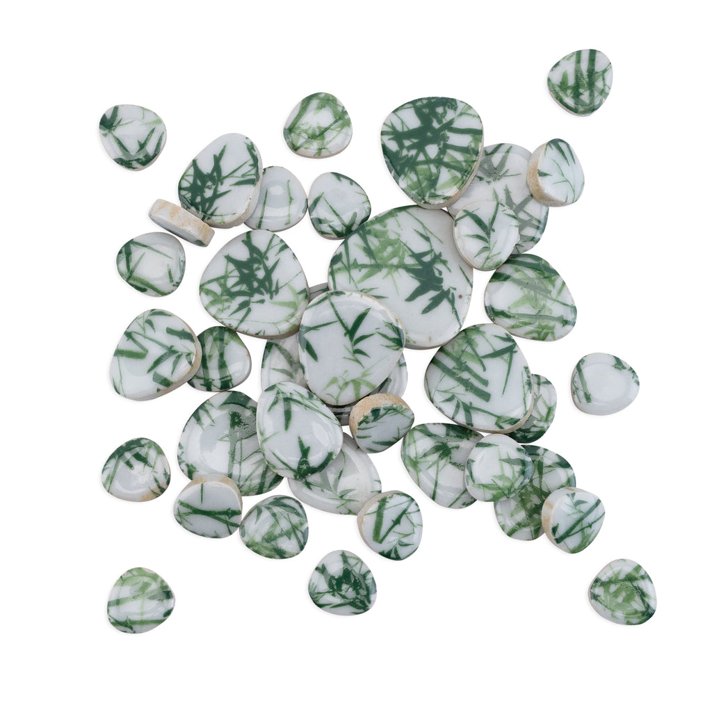 Bamboo Pattern Green & White Printed Glazed Ceramic Pebble Tiles 250g