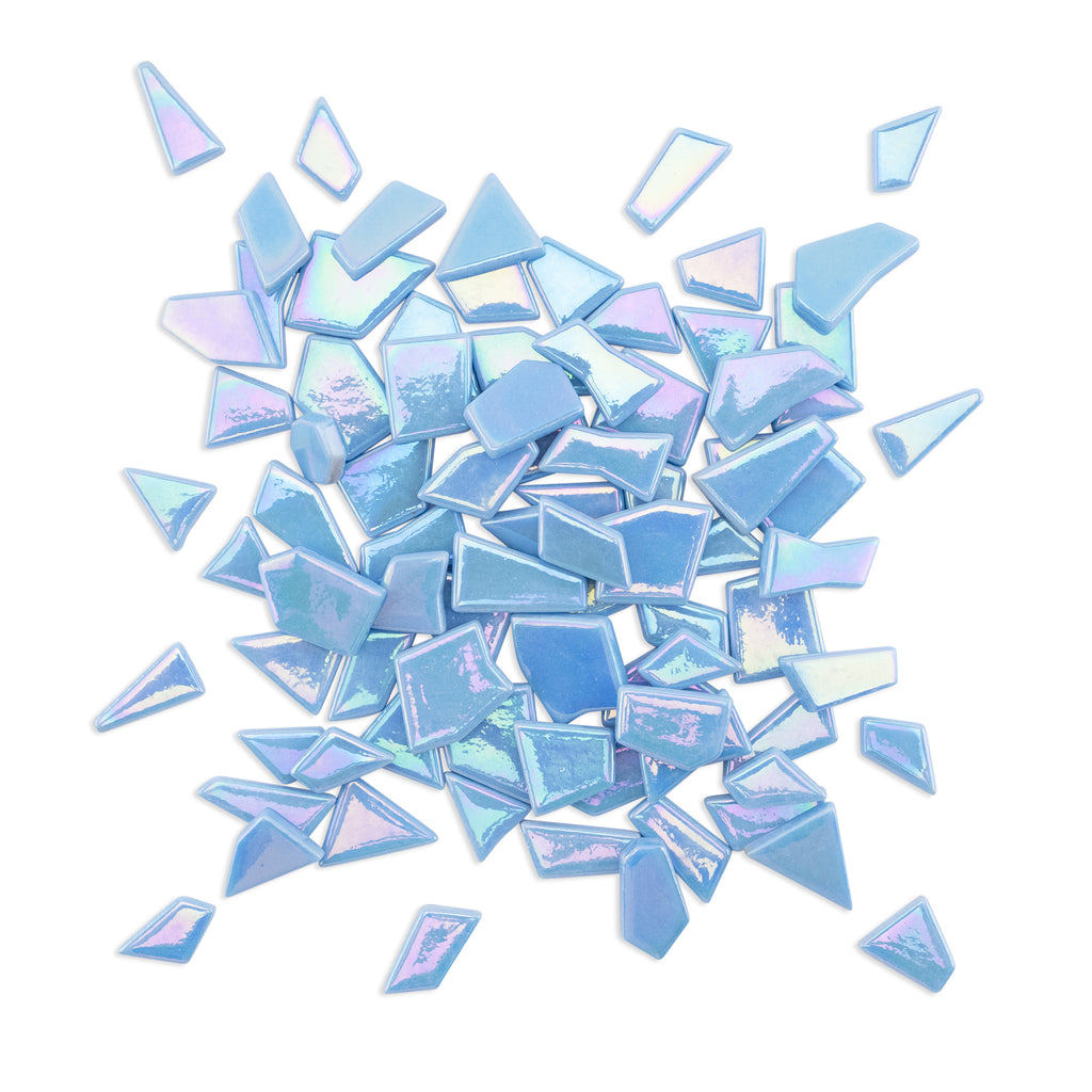 Sky Blue Irregular Shaped Iridised Glass Tiles 250g