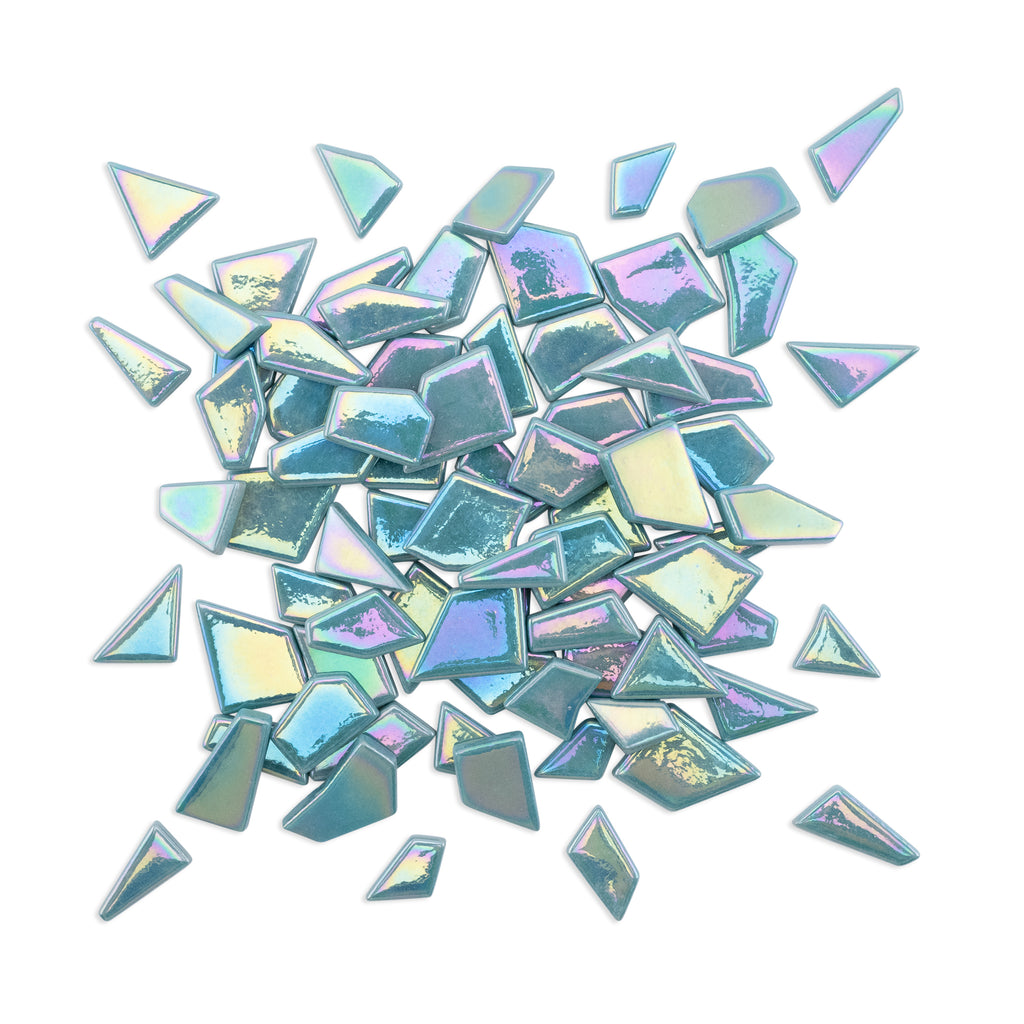 Teal Blue Green Irregular Shaped Iridised Glass Tiles 250g